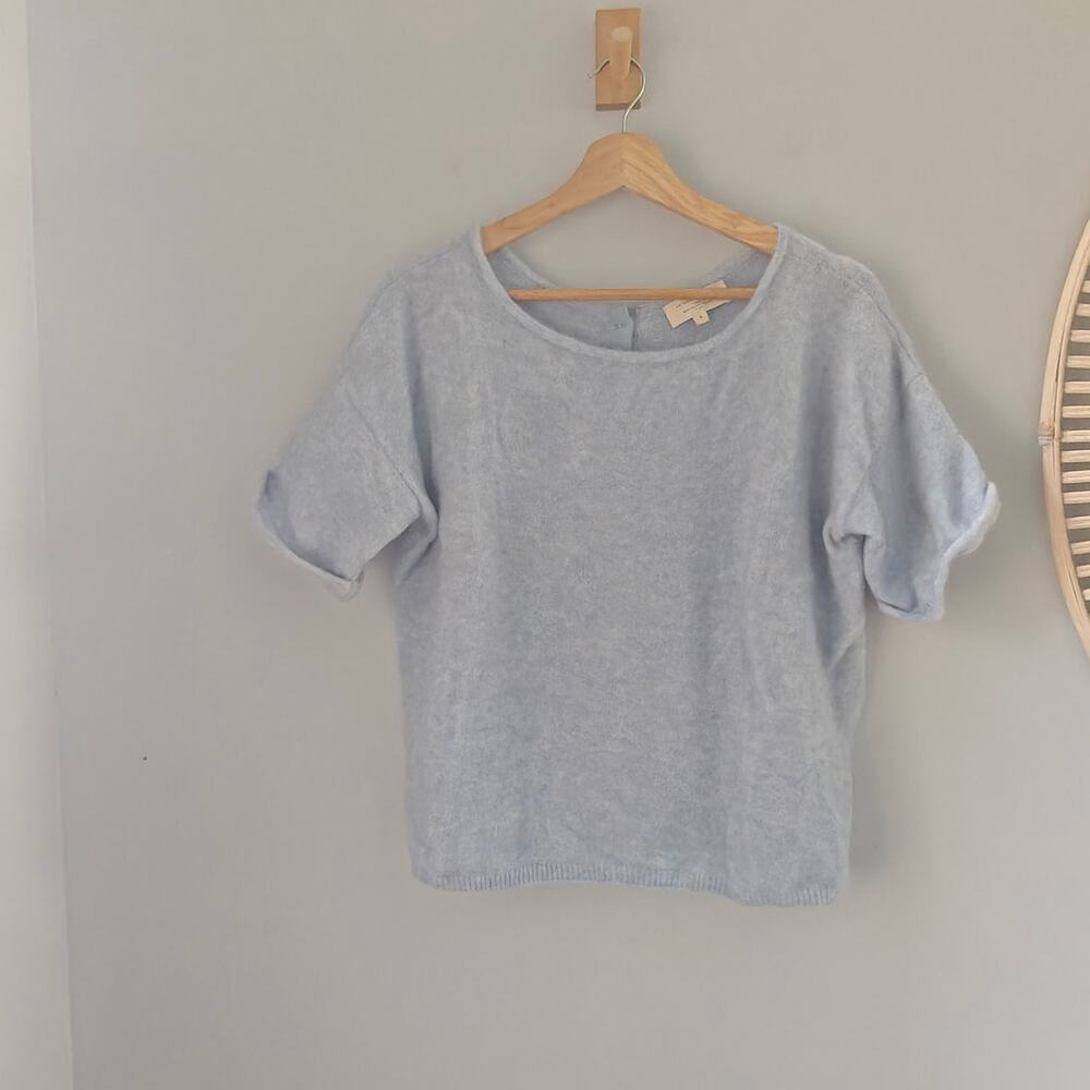 SEZANE Paco Jumper Sky Blue Mohair Merino Reversible Short Sleeve Sweater S
